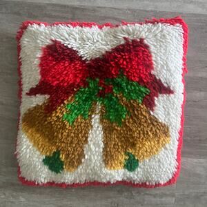 Vintage 1970s Shag Latch Hook  Christmas Bells Theow Pillow